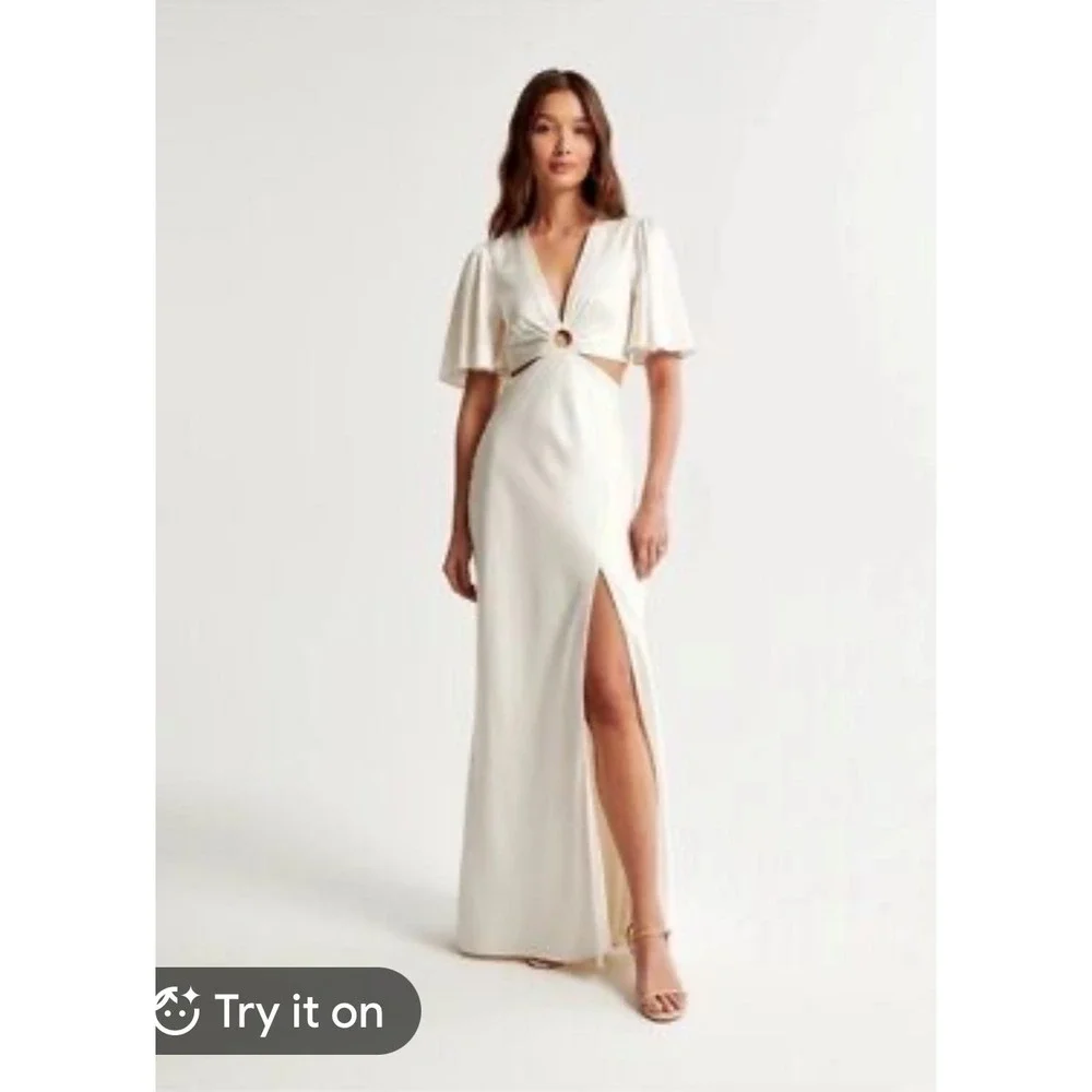 Abercrombie Fitch Angel Sleeve O-Ring Cutout Satin Maxi Dress Small Cream Bridal